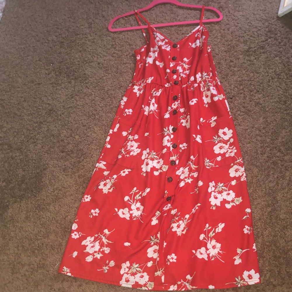 Floral Red Dress with Pockets
